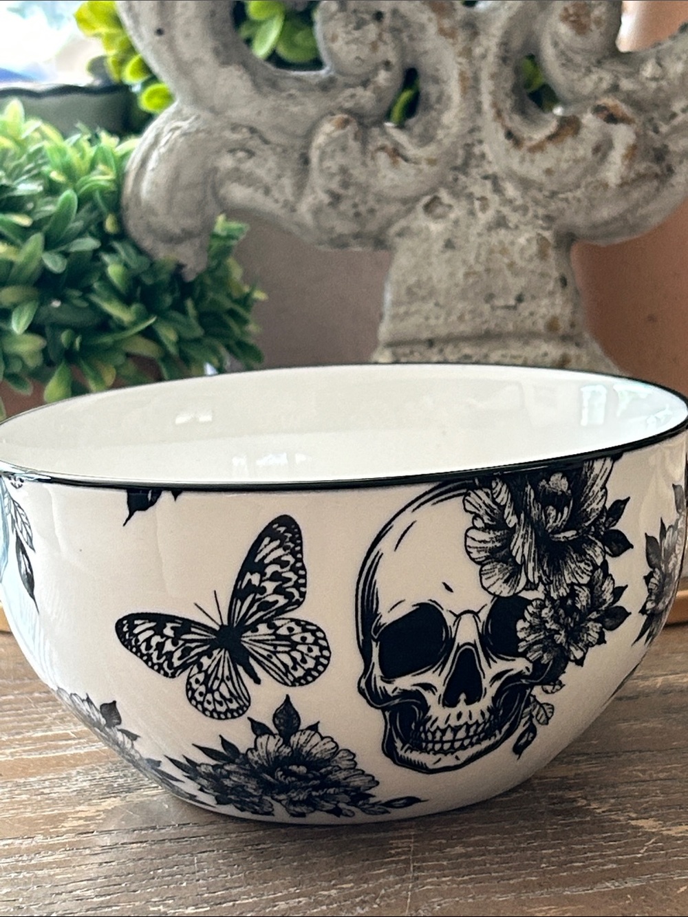 NEW! Vintage Inspired Toile Floral Skull & Butterfly Moth Candy Ceramic Bowl